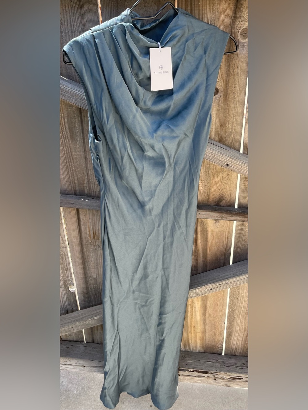 ANINE BING Samantha Dress Steel Blue 100% Silk Satin Mock Neck Bias Cut Size S - Picture 8 of 16